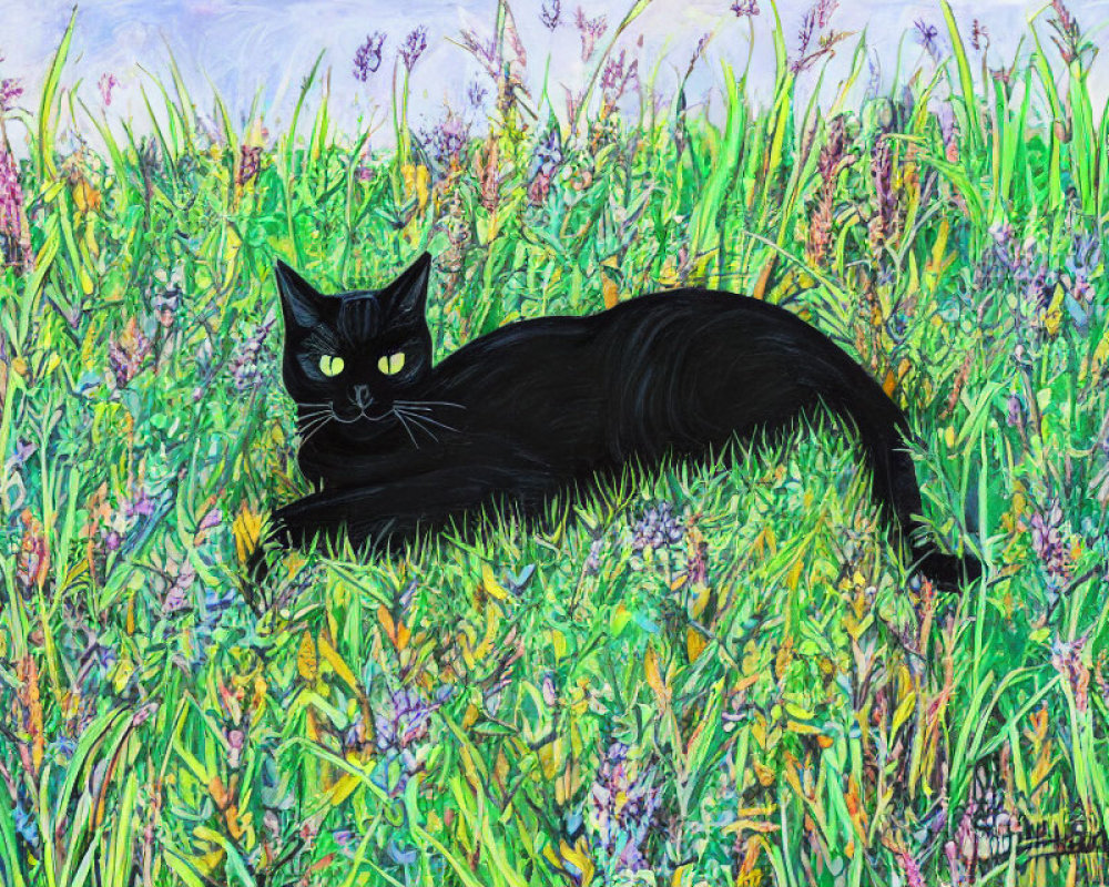 Black Cat with Yellow Eyes in Colorful Field with Plants and Flowers