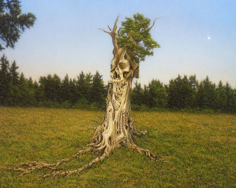 Skull-shaped carvings on artistic tree in twilight landscape