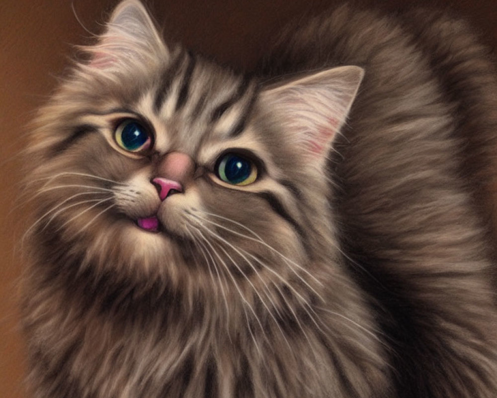 Fluffy Tabby Cat with Blue Eyes and Pink Nose on Brown Background