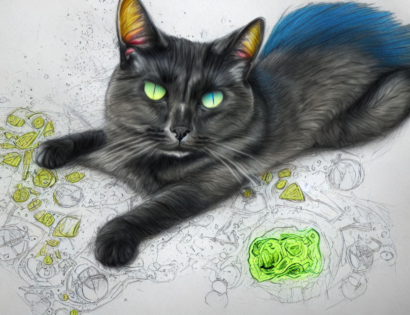 Black Cat with Green Eyes and Blue-Tipped Tail on Sketch of Various Drawings