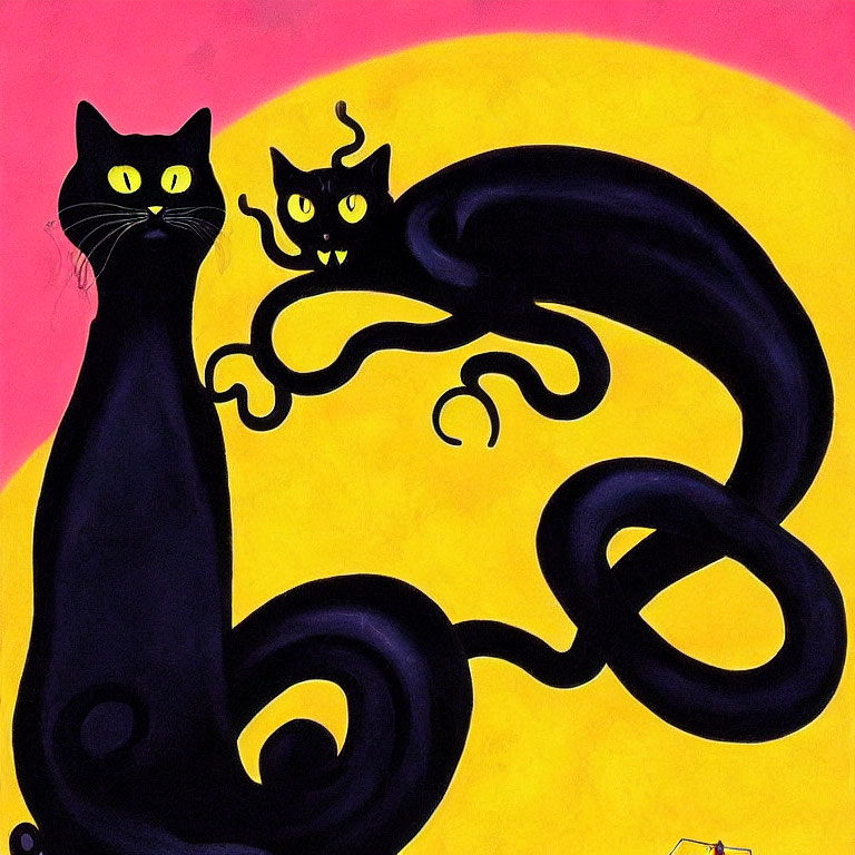 Stylized black cats with yellow eyes on pink and yellow background