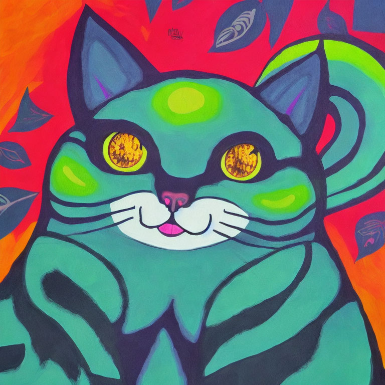 Vibrant cat painting with green fur and yellow eyes on red-orange leaf background