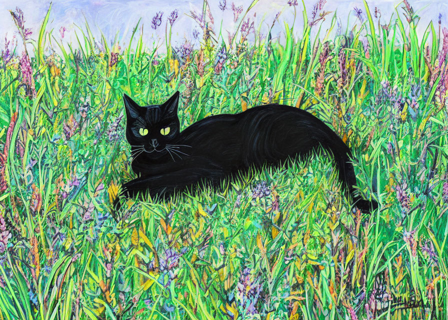 Black Cat with Yellow Eyes in Colorful Field with Plants and Flowers