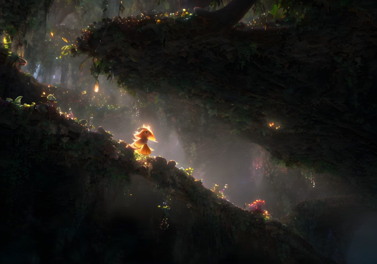 Enchanted forest with glowing creature in sunlit clearing