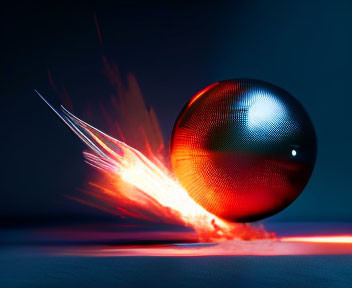 Metallic sphere with fiery streak on dark background with red and blue lighting