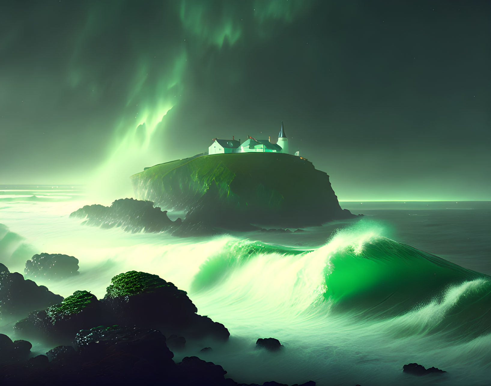 Mystic island under green aurora sky with roaring waves and lighthouse