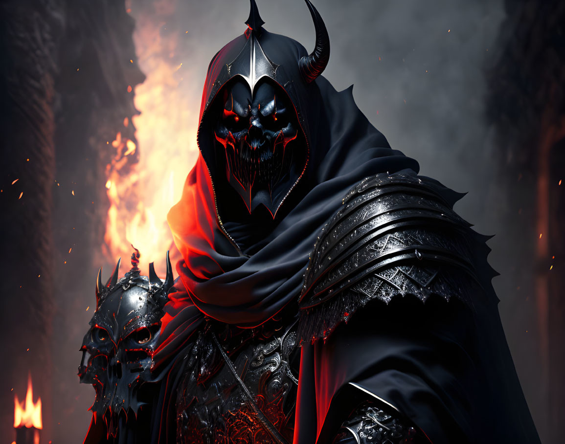 Menacing Figure in Black Armor with Demonic Skull Helmet and Red Cape on Fiery Background