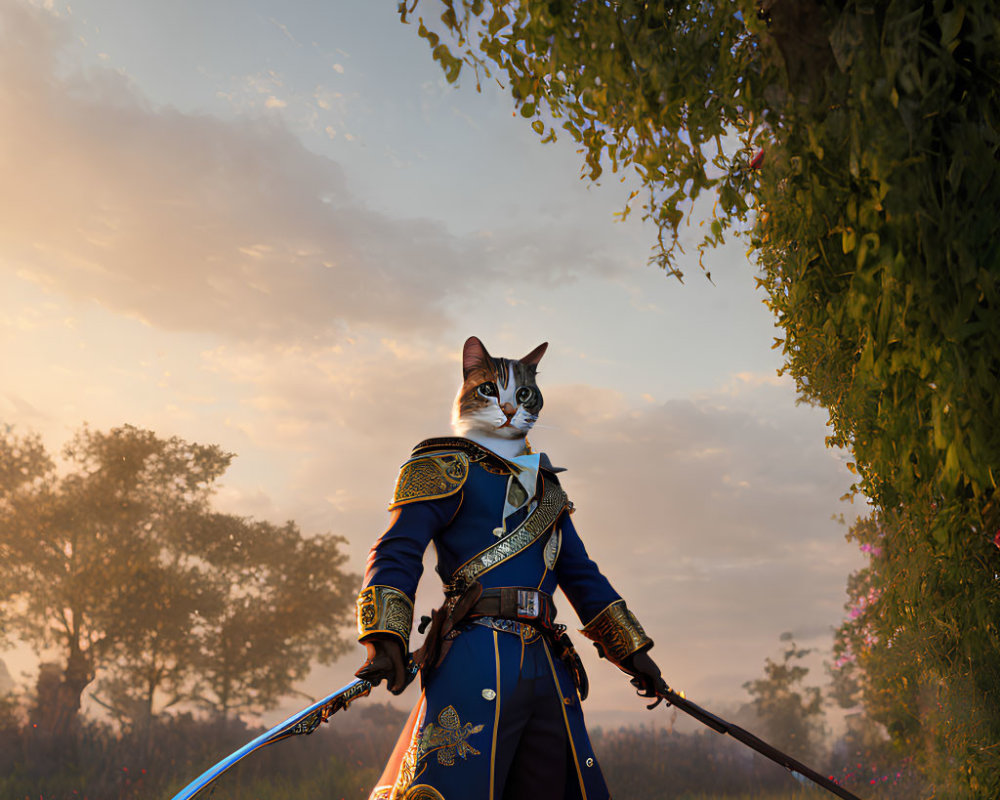 Anthropomorphic Cat in Blue Military Jacket with Sword at Sunset