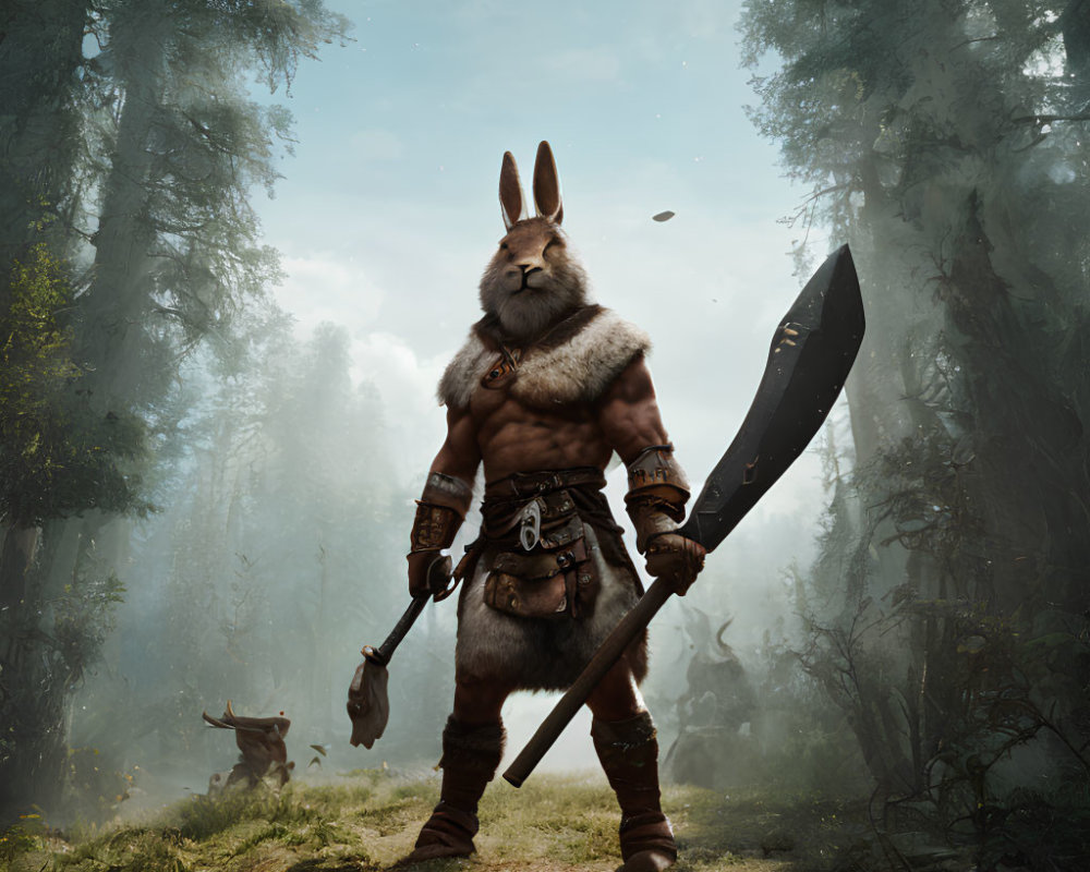 Anthropomorphic rabbit warrior in tribal armor with large sword in forest