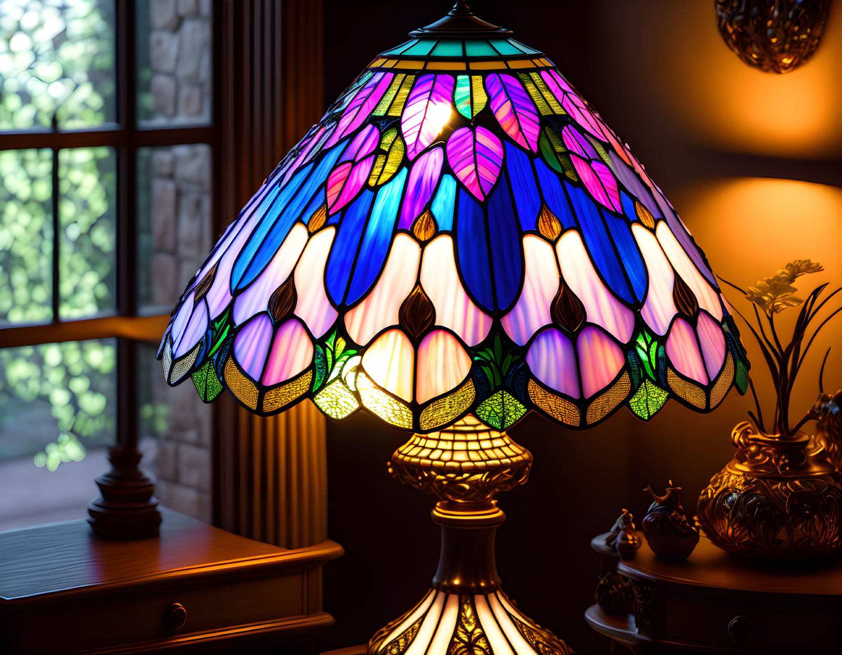 Vibrant Tiffany-style stained glass lamp in cozy room with stone view