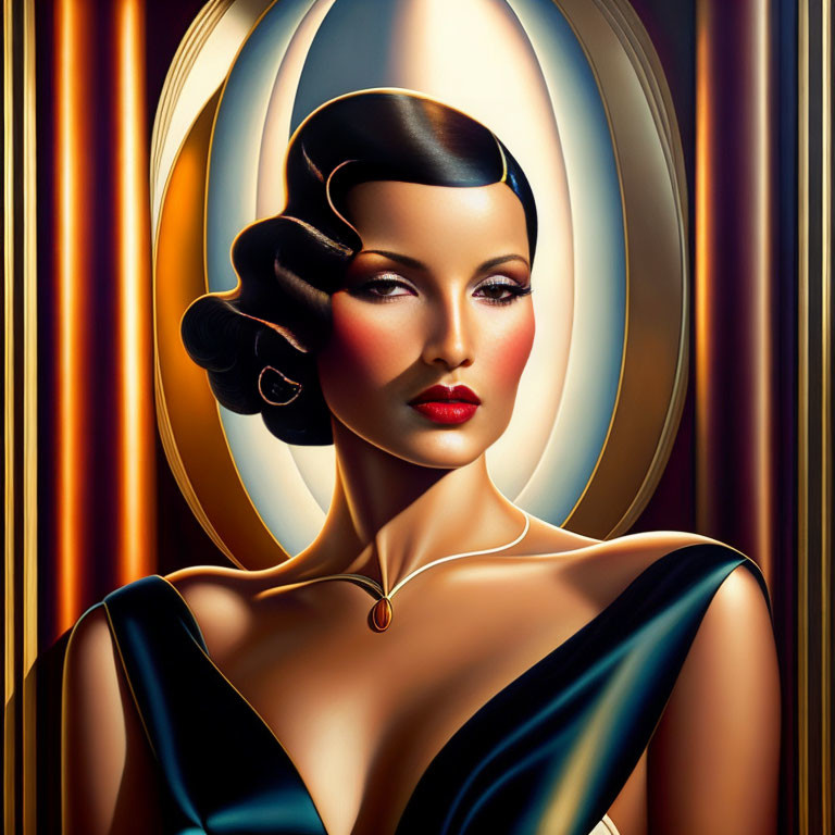 Vintage Glamor Style Portrait of Woman in Blue Dress and Art Deco Background