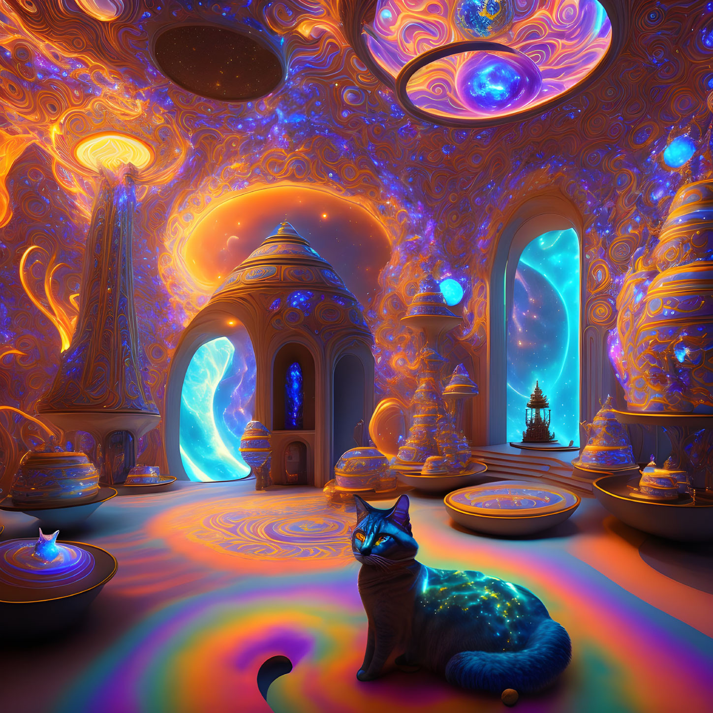 Cosmic interior with swirling patterns and celestial bodies