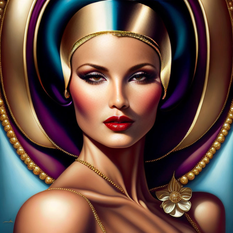 Stylized portrait of a woman with red lips and gold headpiece