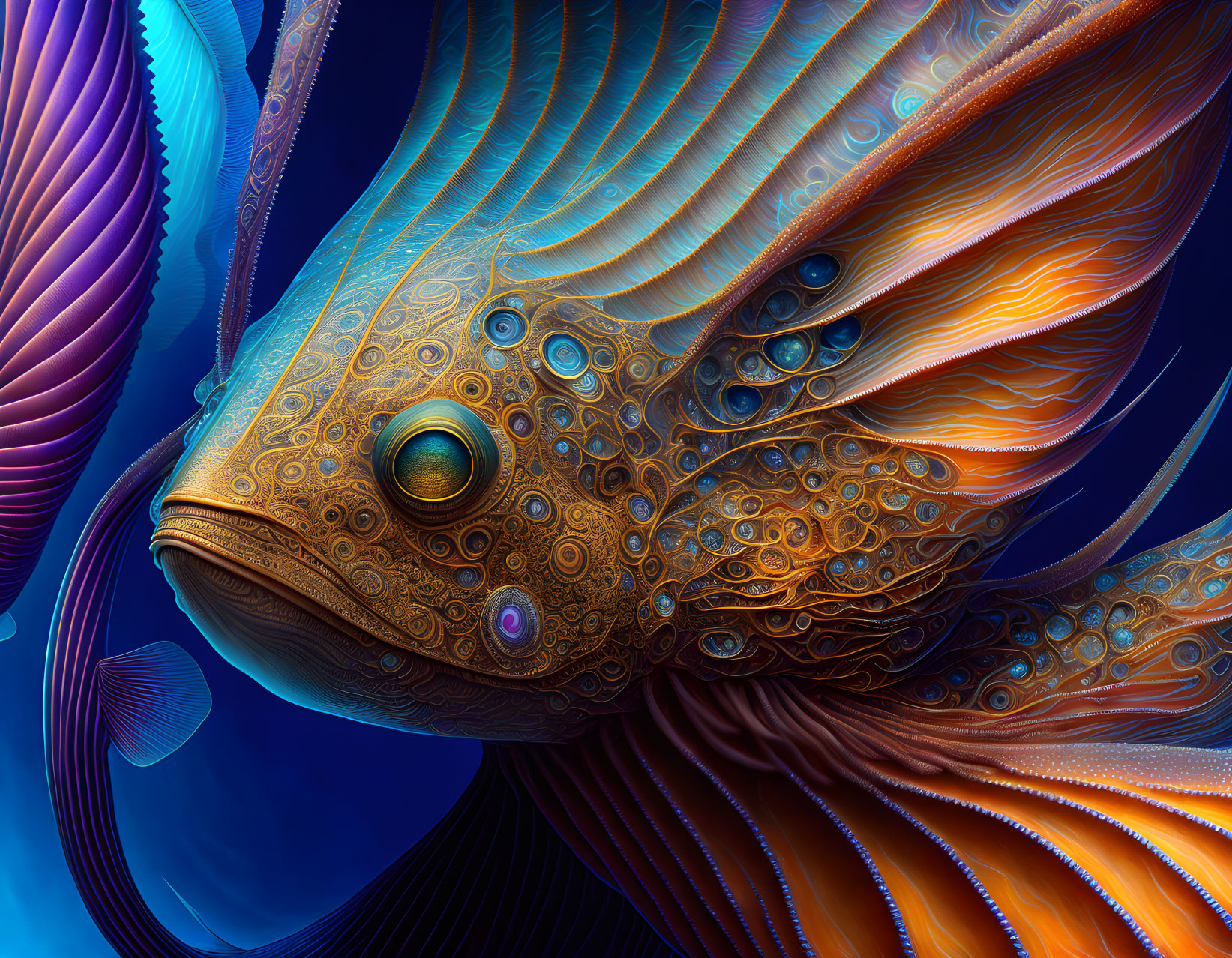 Colorful Stylized Fish Artwork with Intricate Patterns on Deep Blue Background
