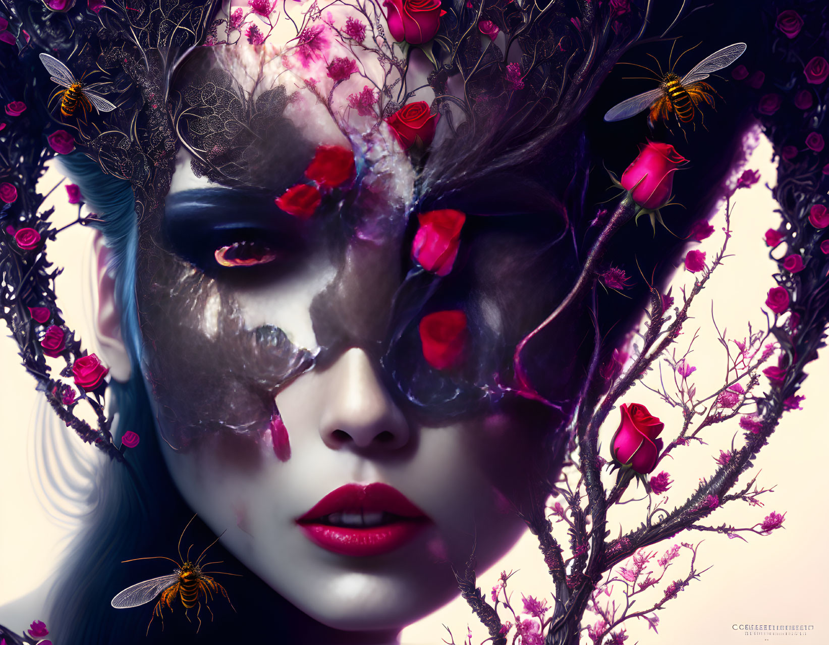 Woman with floral antler mask and bees in surreal portrait.
