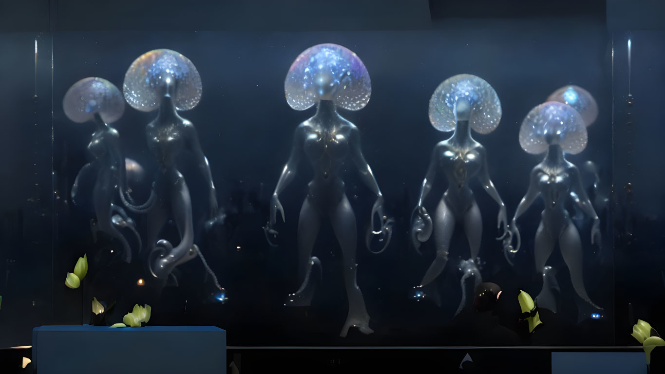 Futuristic humanoid figures with jellyfish-like heads in blue-lit exhibition