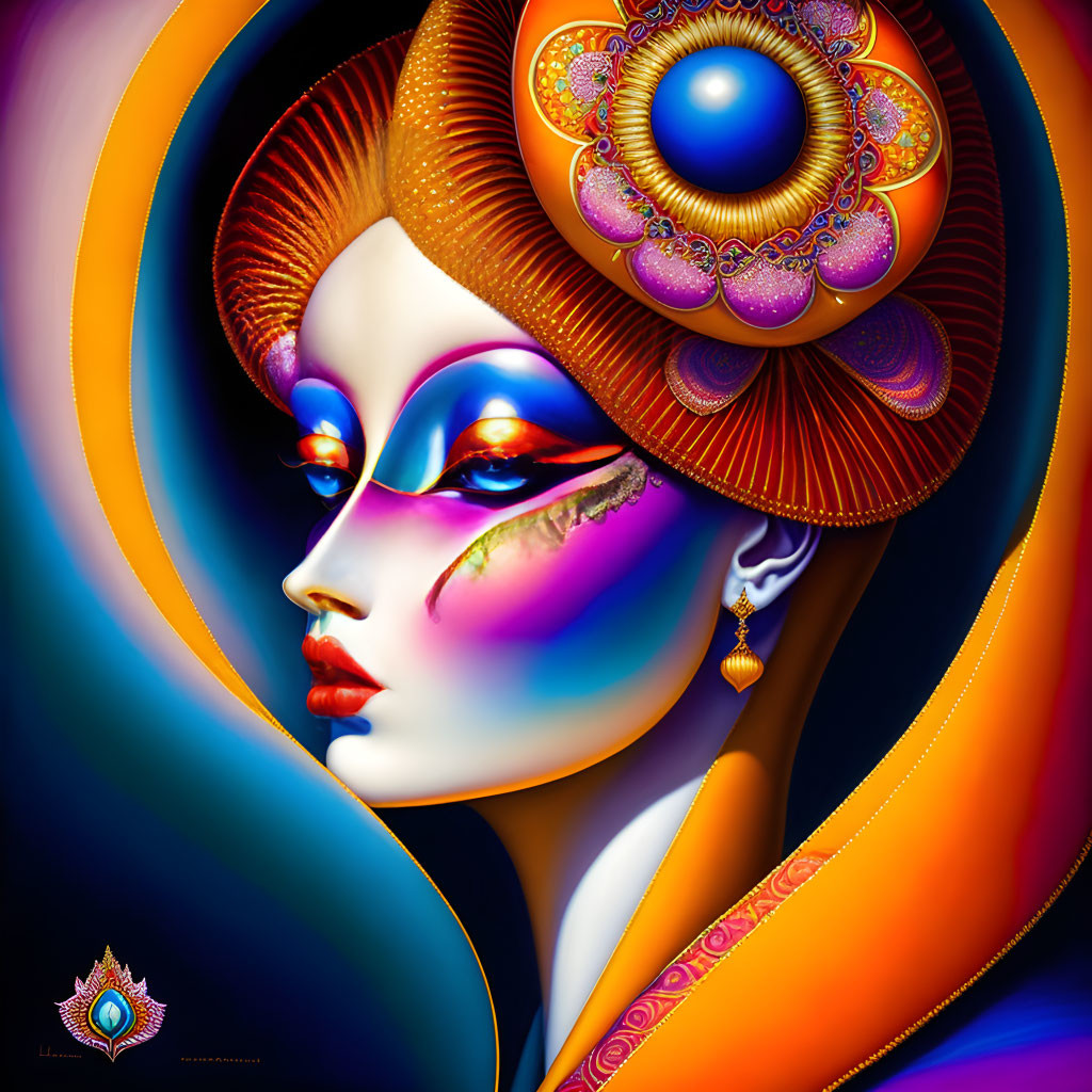 Colorful digital artwork: stylized woman's face with exaggerated features, ornate headdress, and