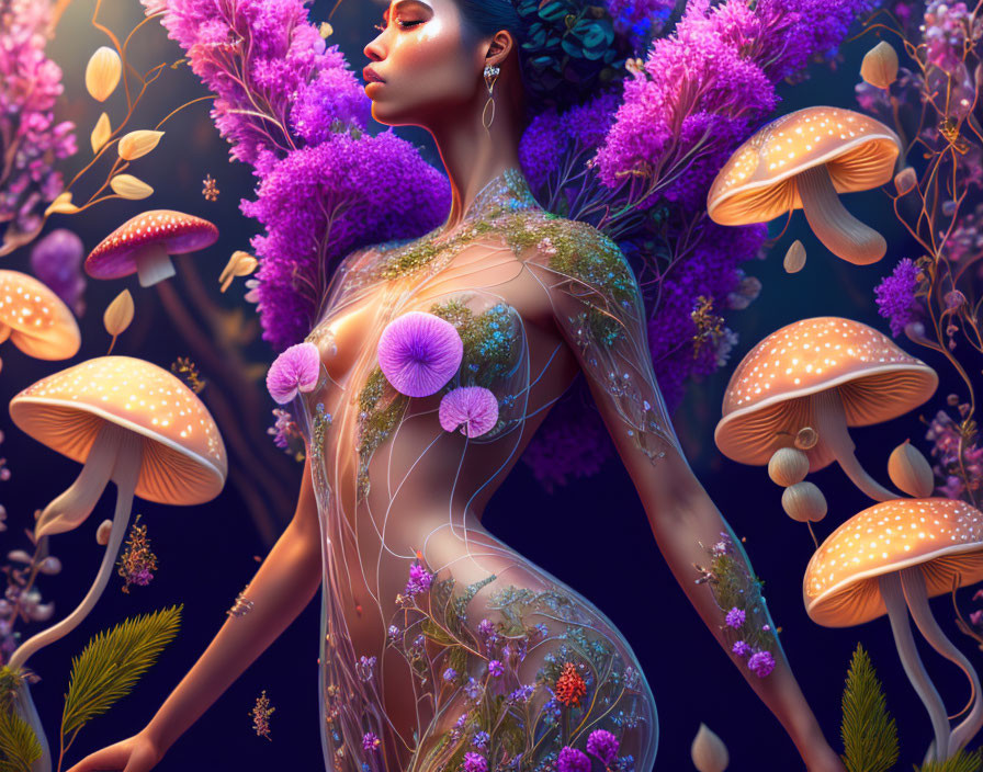 Full Bodied Woman Clad in Mushrooms and Herbs