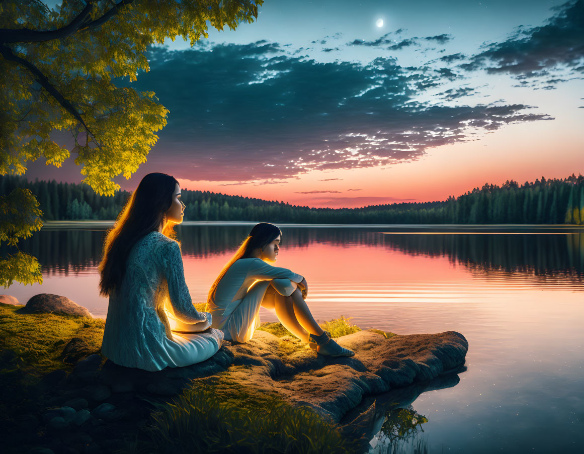 Tranquil lakeshore scene: Two people under tree, sunset and crescent moon.