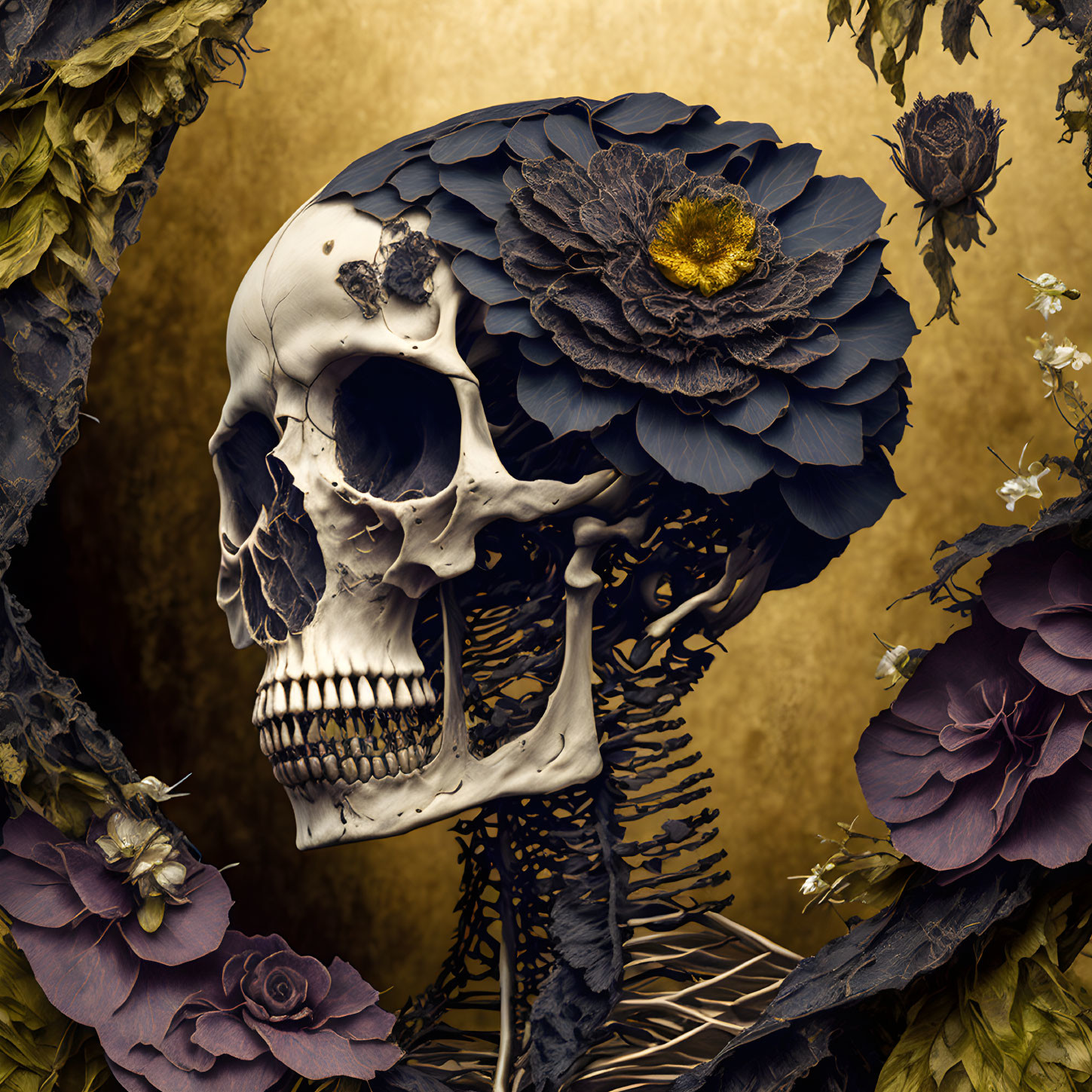 Surreal human skull with spine and dark flowers on golden textured background