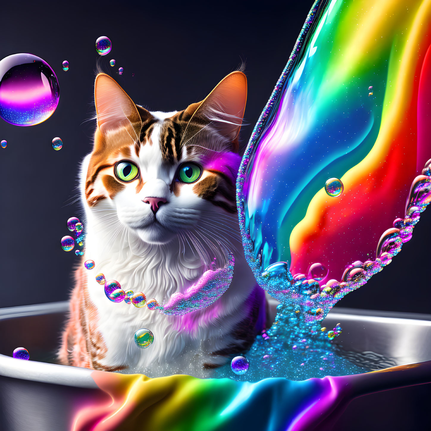 Vivid surreal cat art with rainbow liquid splash and bubbles