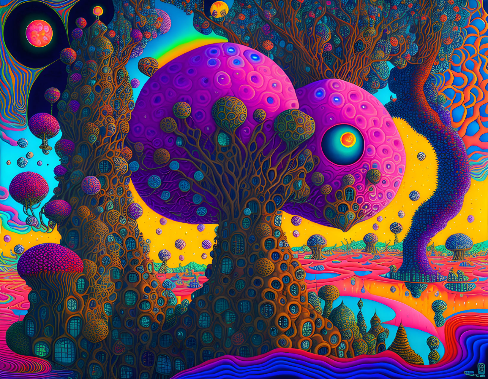 Colorful Psychedelic Landscape with Stylized Trees and Swirling Skies