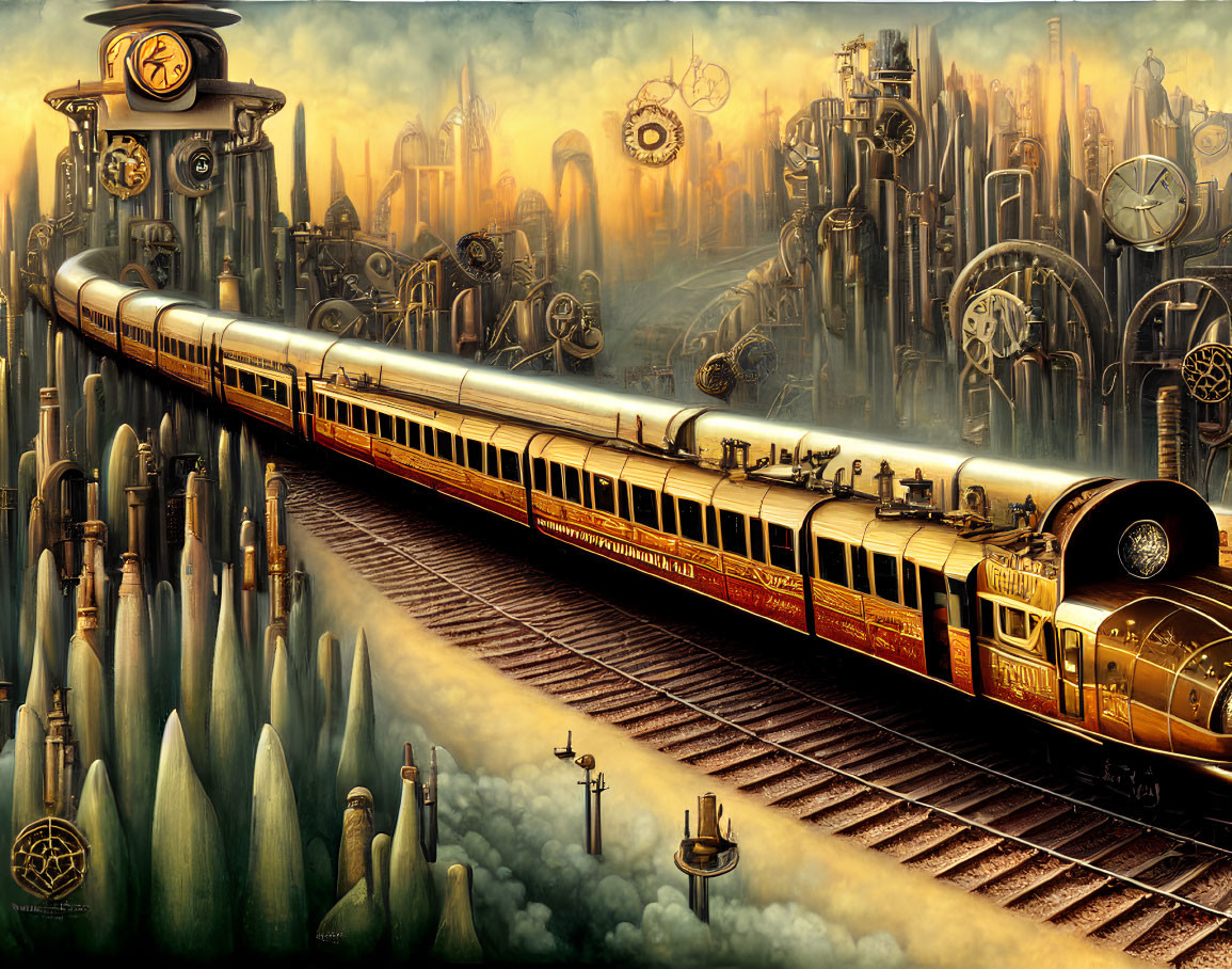 Steampunk-inspired artwork: Golden train in mechanical cityscape