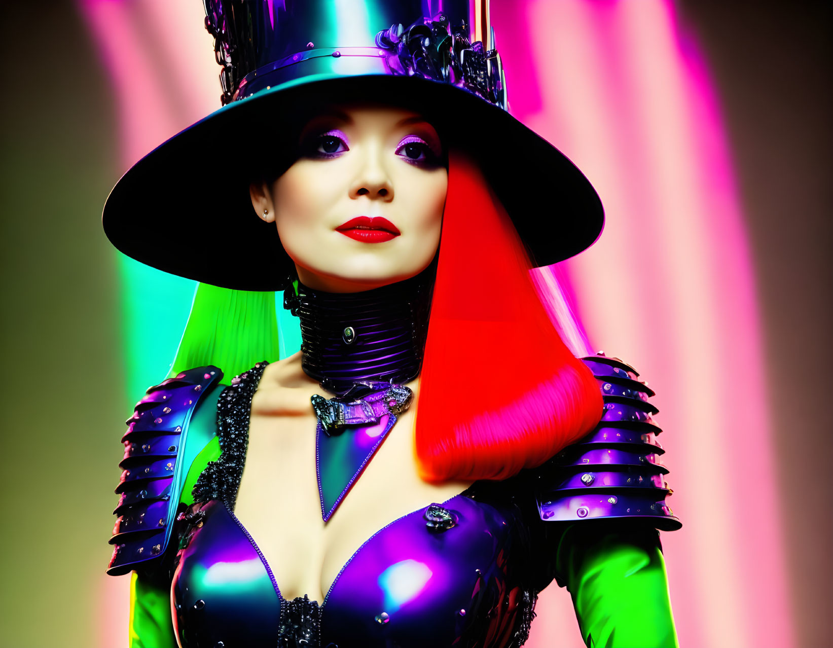 Extravagant costume and top hat with neon lights background