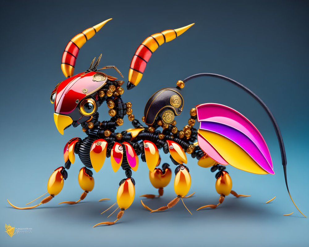 Colorful digital artwork: Insect-like mechanical creature with segmented body parts and ornate wings on blue