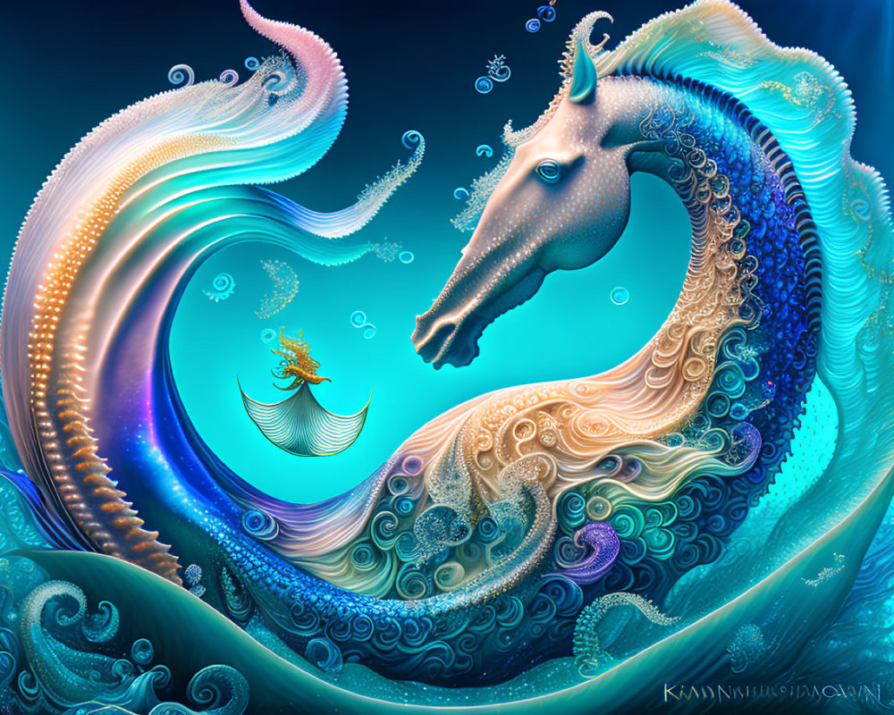 Vibrant digital artwork: Mythical sea creature with swirling patterns