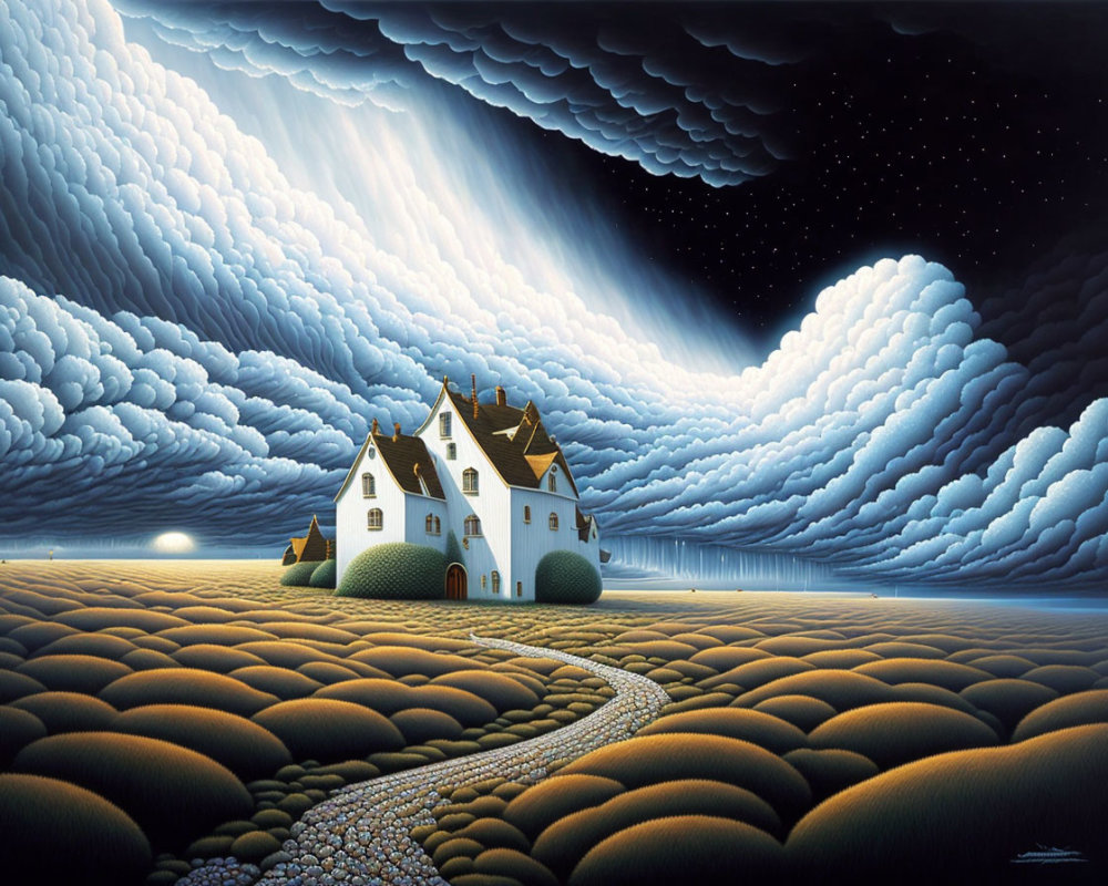Surreal landscape with solitary house, undulating hills, dramatic sky.