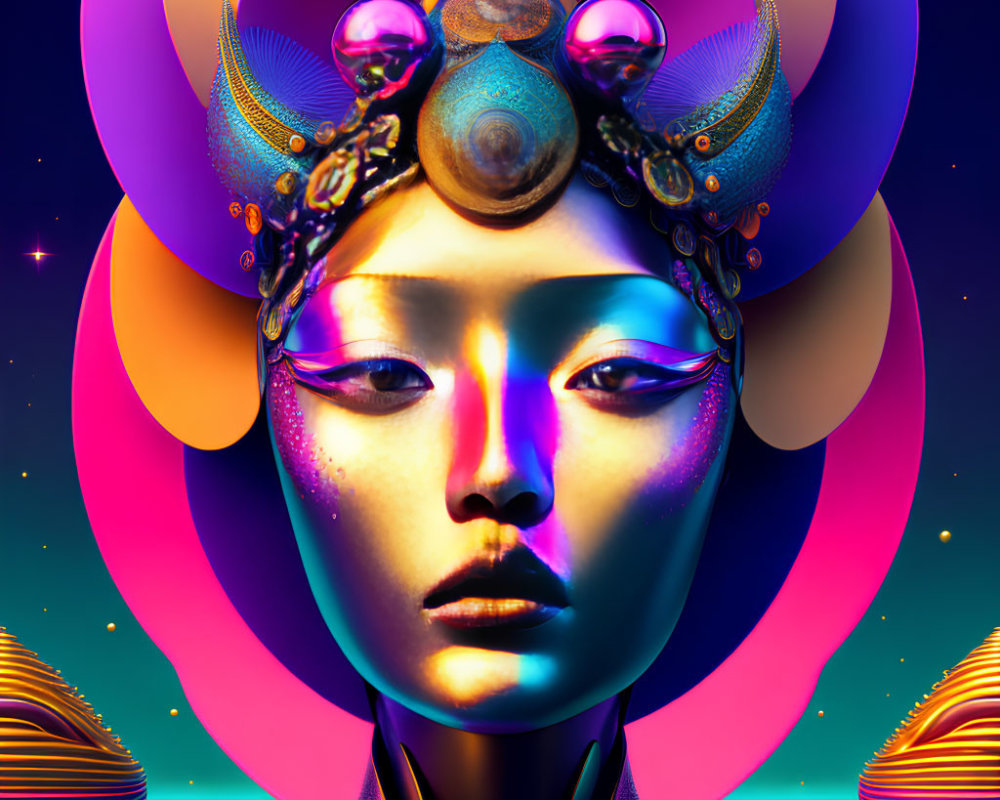 Colorful digital artwork: Female figure with iridescent face and cosmic background.