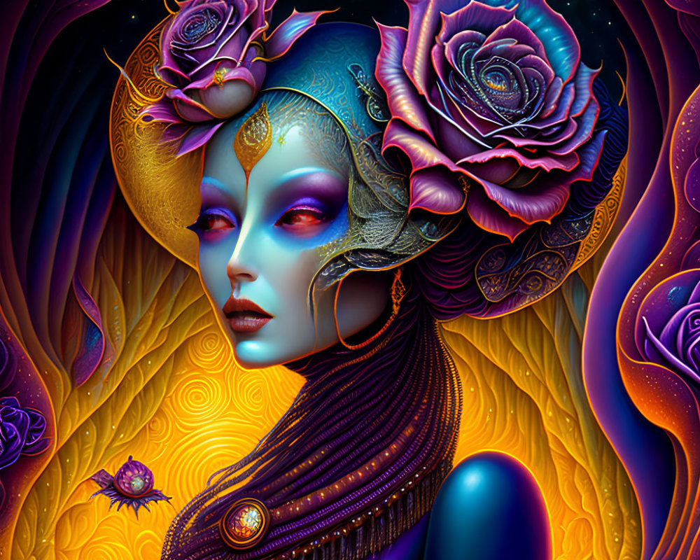 Blue-skinned female figure with rose adornments on a cosmic background.
