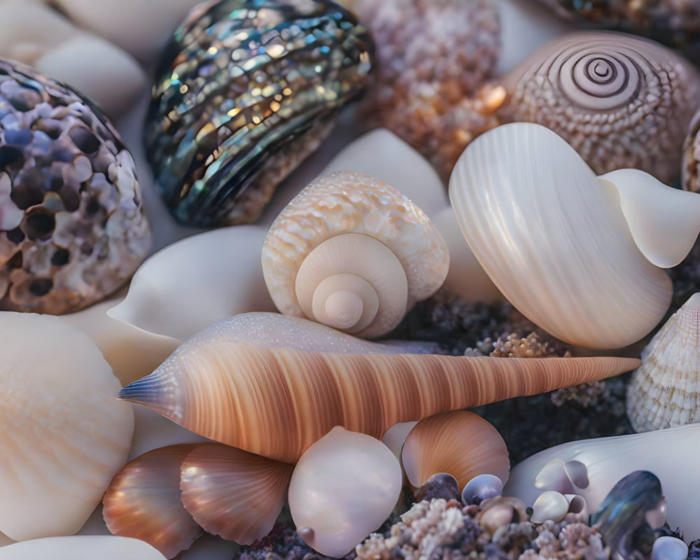 Various Seashells with Spiral Designs and Iridescent Surfaces