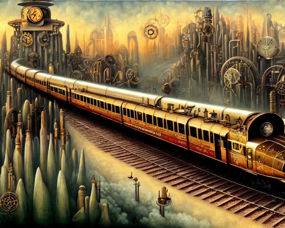 Steampunk-inspired artwork: Golden train in mechanical cityscape