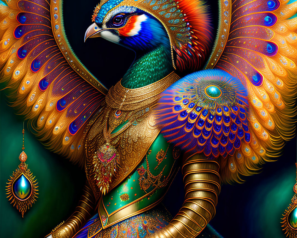 Colorful Peacock Illustration with Elaborate Feathers and Rich Patterns