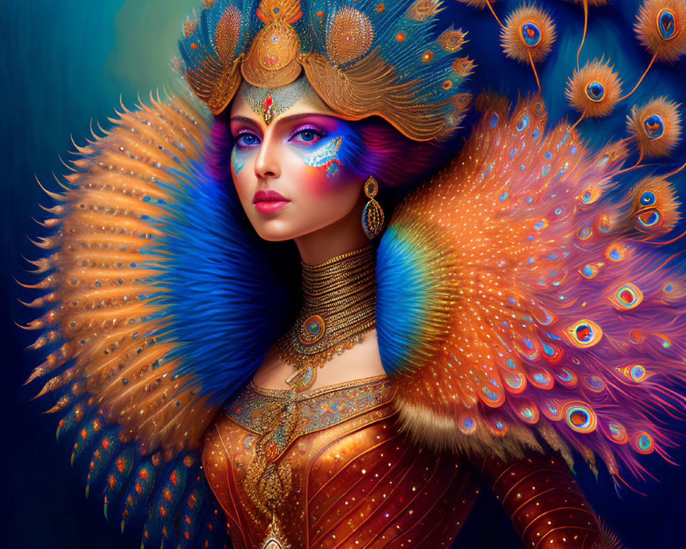 Ethereal woman with peacock feathers and golden jewelry