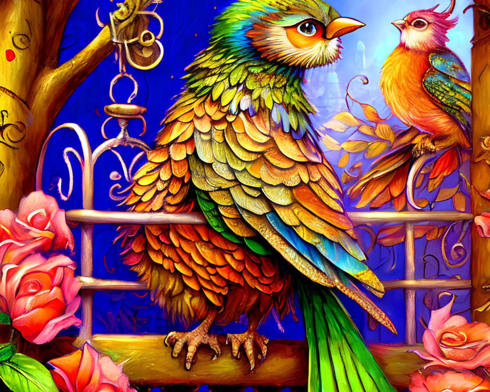 Colorful Fantastical Birds Perched on Balcony with Roses in Magical Setting