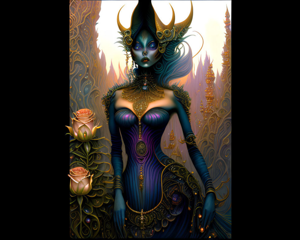 Blue-skinned female figure with golden headgear in mystical setting.