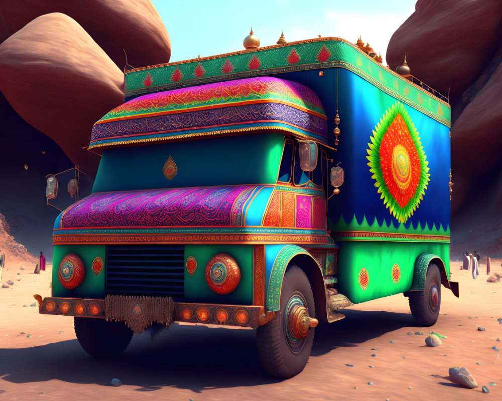 Vibrantly decorated South Asian art truck in desert landscape