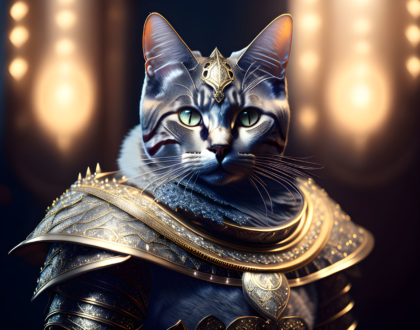 Regal cat digital artwork in golden armor with green eyes