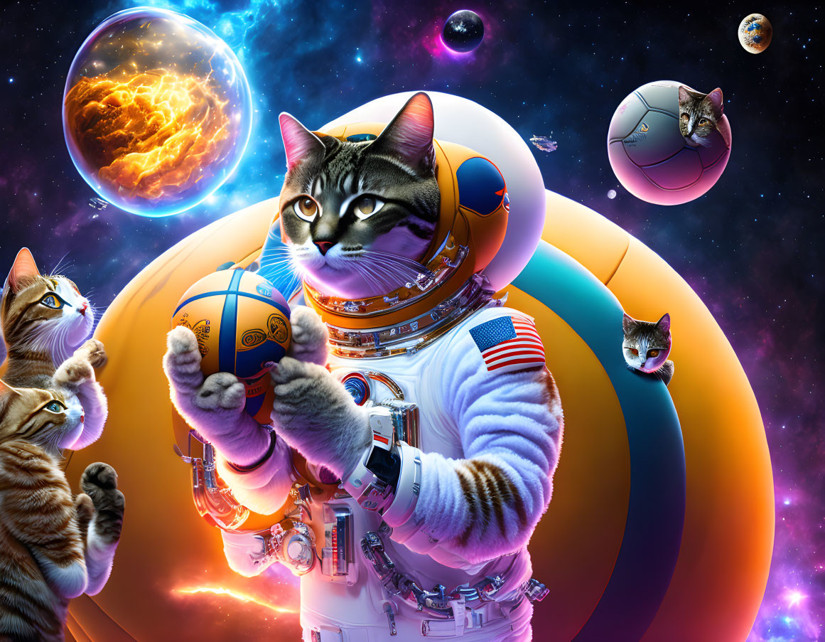 Whimsical cats in space with astronaut suit and cosmic background
