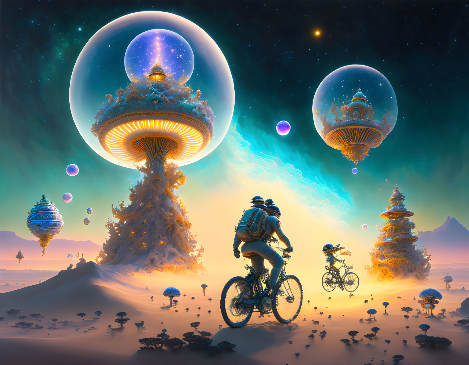 Person on Bike Views Fantasy Landscape with Floating Structures and Alien Trees