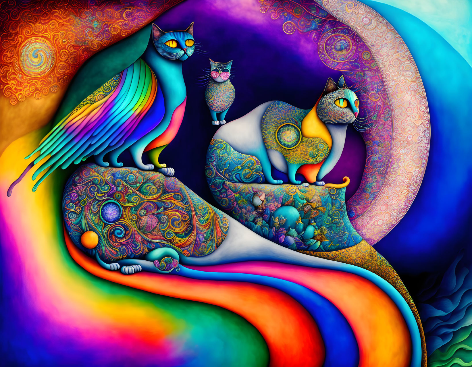 Colorful Psychedelic Illustration of Three Stylized Cats With Rainbow Swirls