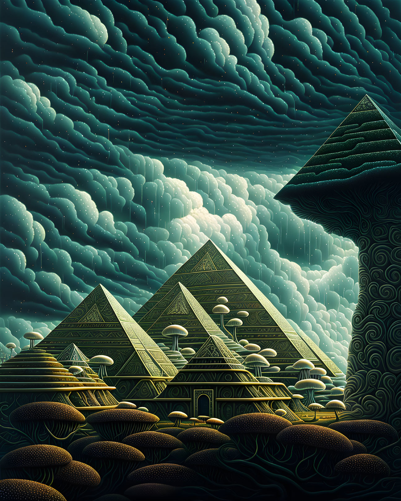 Surreal artwork: Pyramids, mushroom tree, and fungal landscape