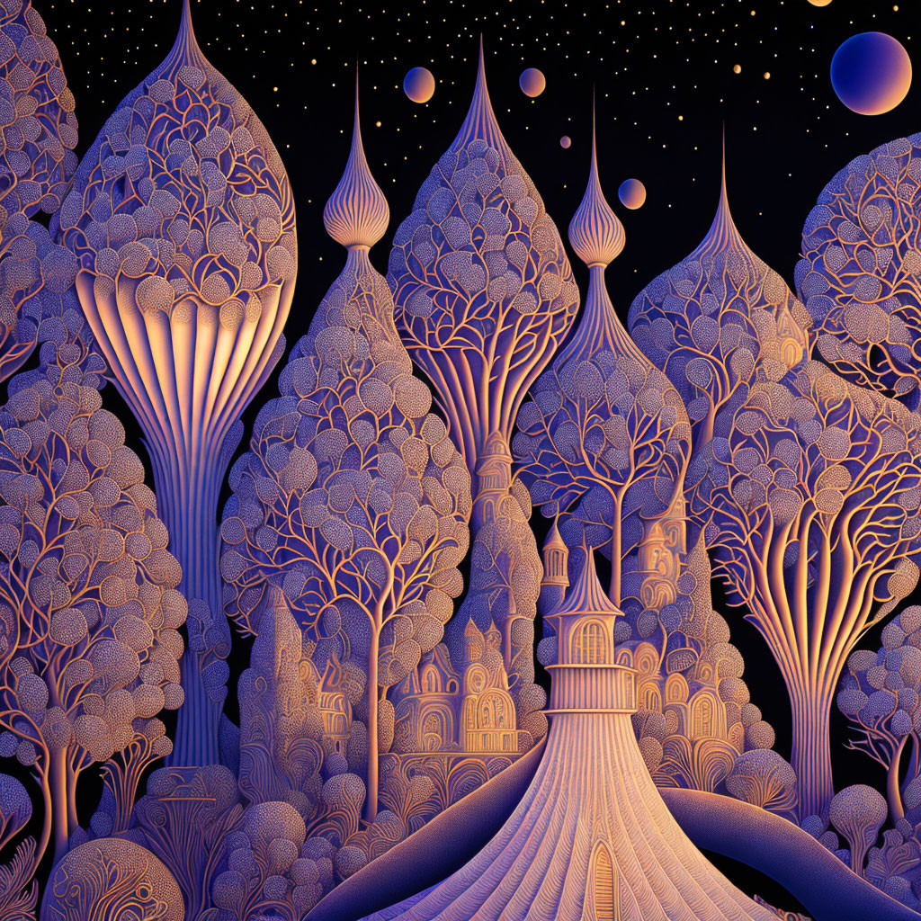 Fantasy landscape with intricate trees, towering spires, and starry sky.