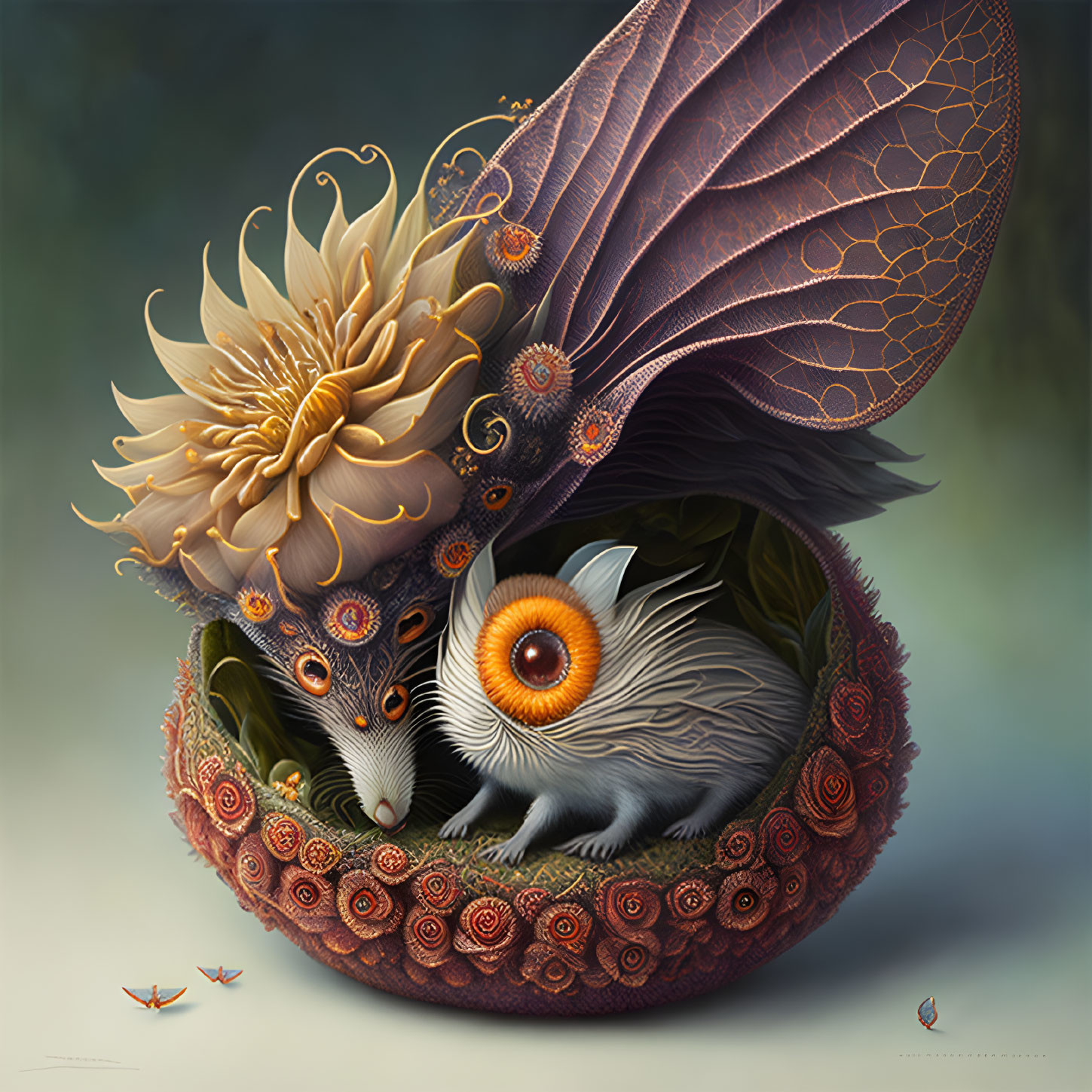 Illustration of Creature with Large Eye in Rose Bowl with Butterflies