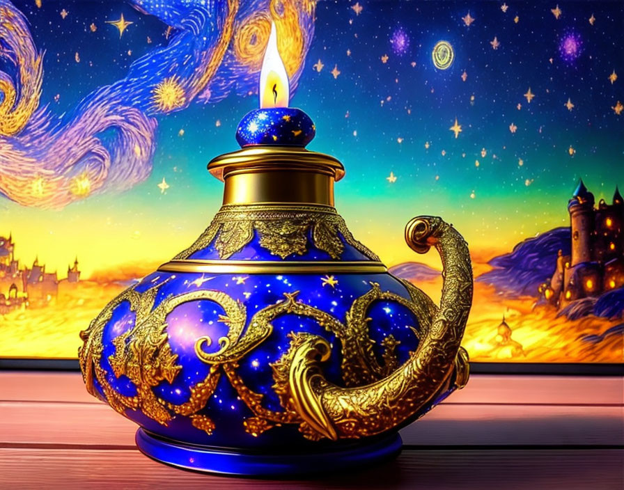 Golden-Blue Oil Lamp with Glowing Flame on Starry Night Sky and Castle Background