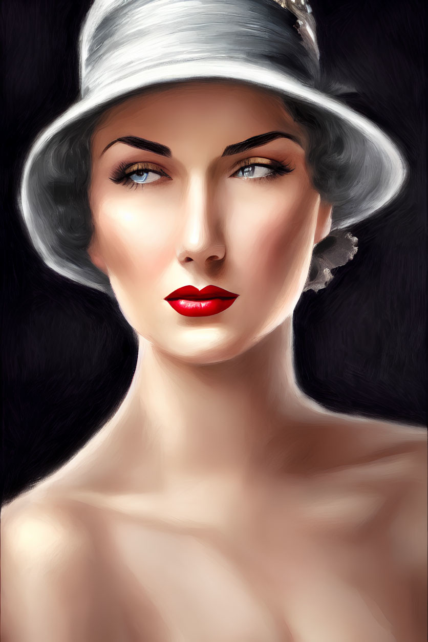 Portrait of woman with blue eyes, red lipstick, wide-brimmed hat, and off-should
