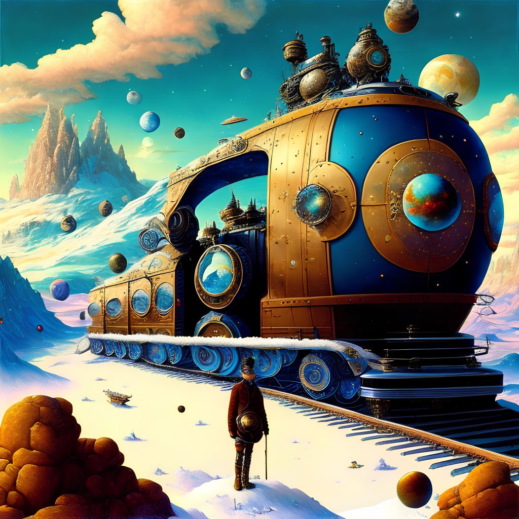 Ornate steampunk train in surreal landscape with floating orbs